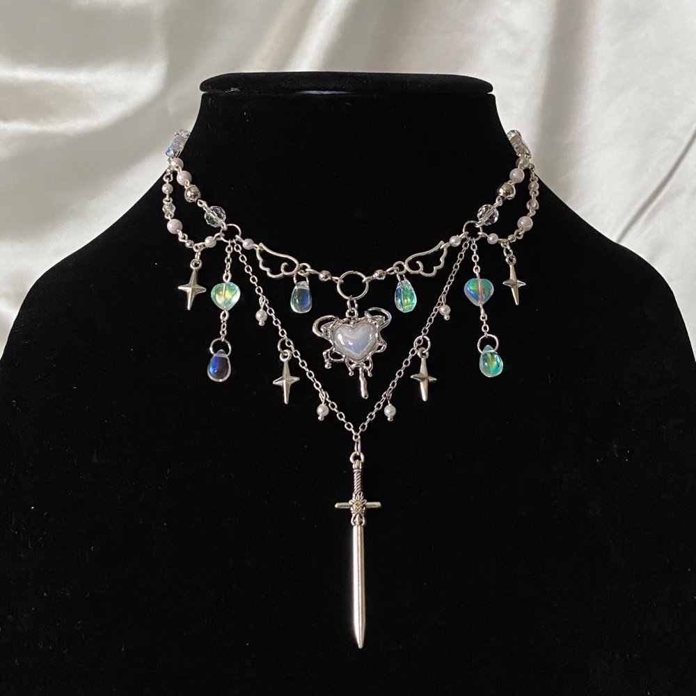 🕊️🗡️ juliet heart sword pendant glass crystal droplet choker necklace 🗡️🕊️